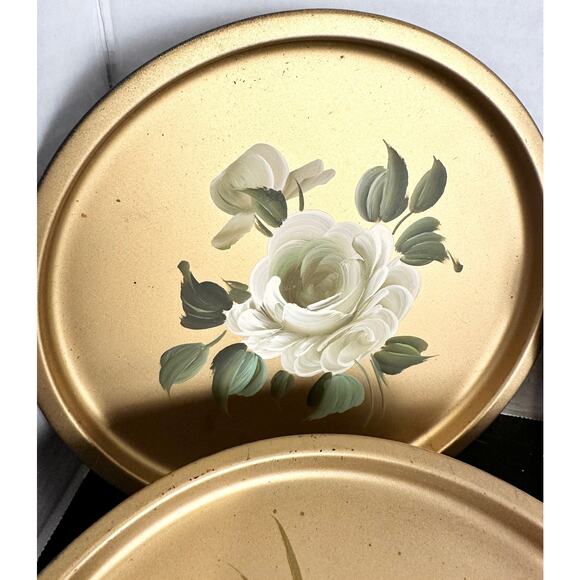 Gold Floral NASHCO Vintage Metal Tray Set Hand painted vintage New York - Picture 9 of 9